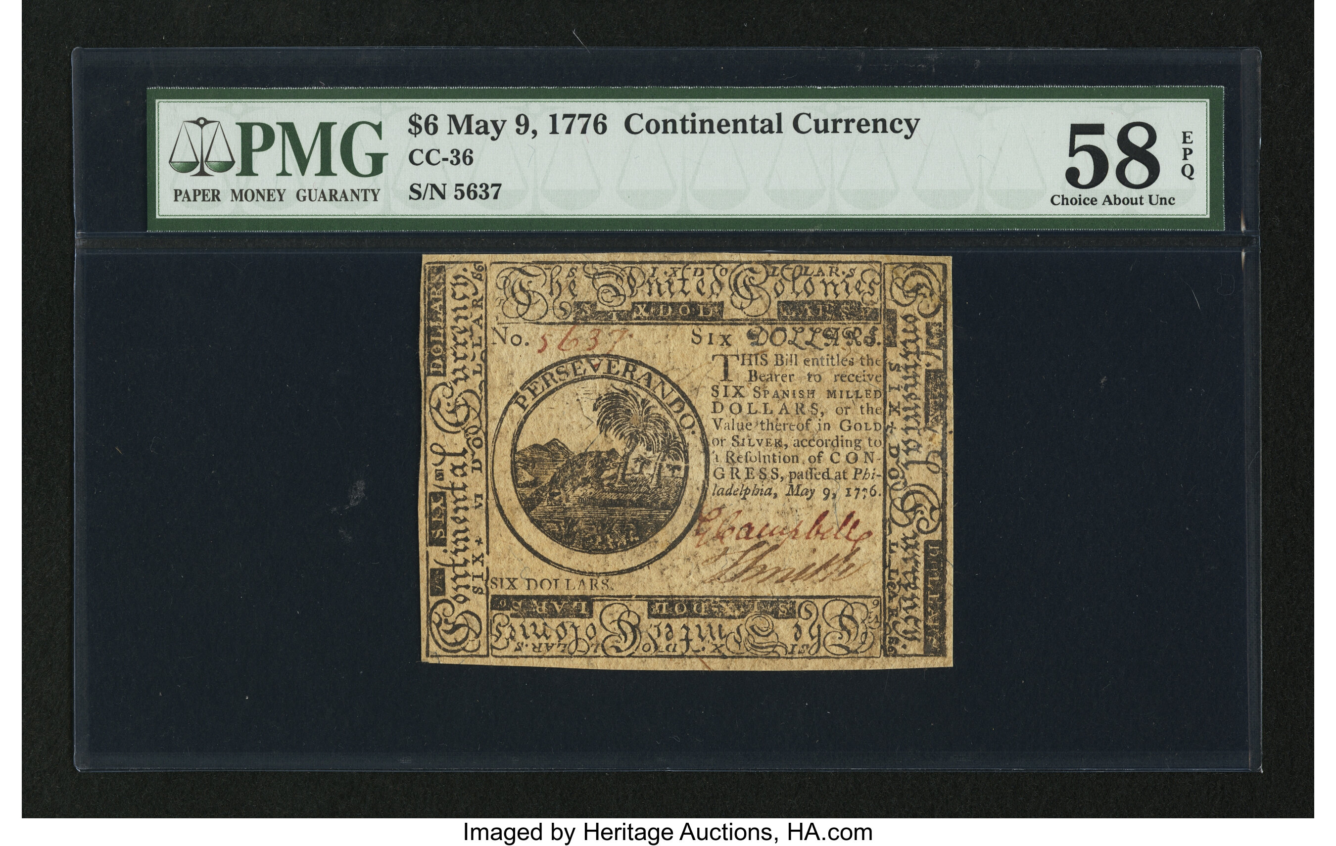 image for: Continental Currency May 9, 1776 $6 PMG Choice About Unc 58 EPQ....