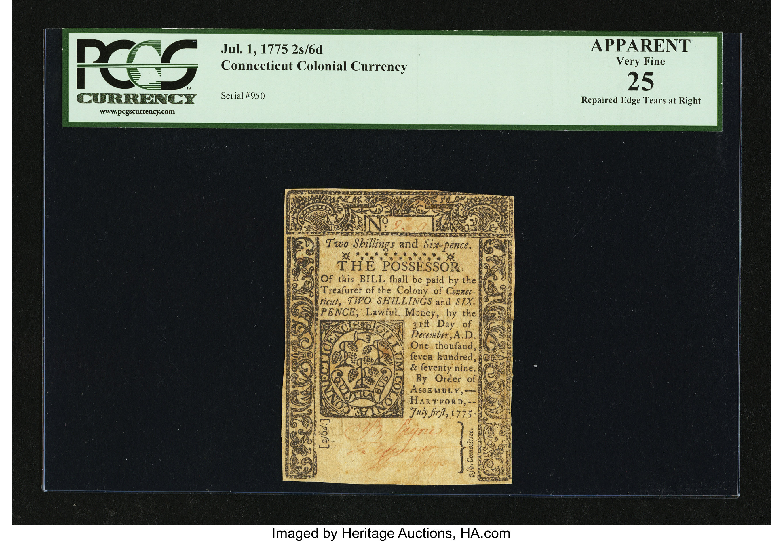 image for: Connecticut July 1, 1775 2s 6d PCGS Apparent Very Fine 25....