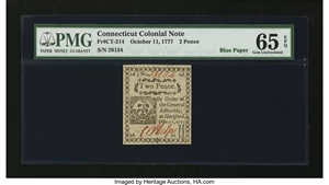 image for: Connecticut October 11, 1777 2d Blue Paper PMG Gem Uncirculated 65 EPQ....