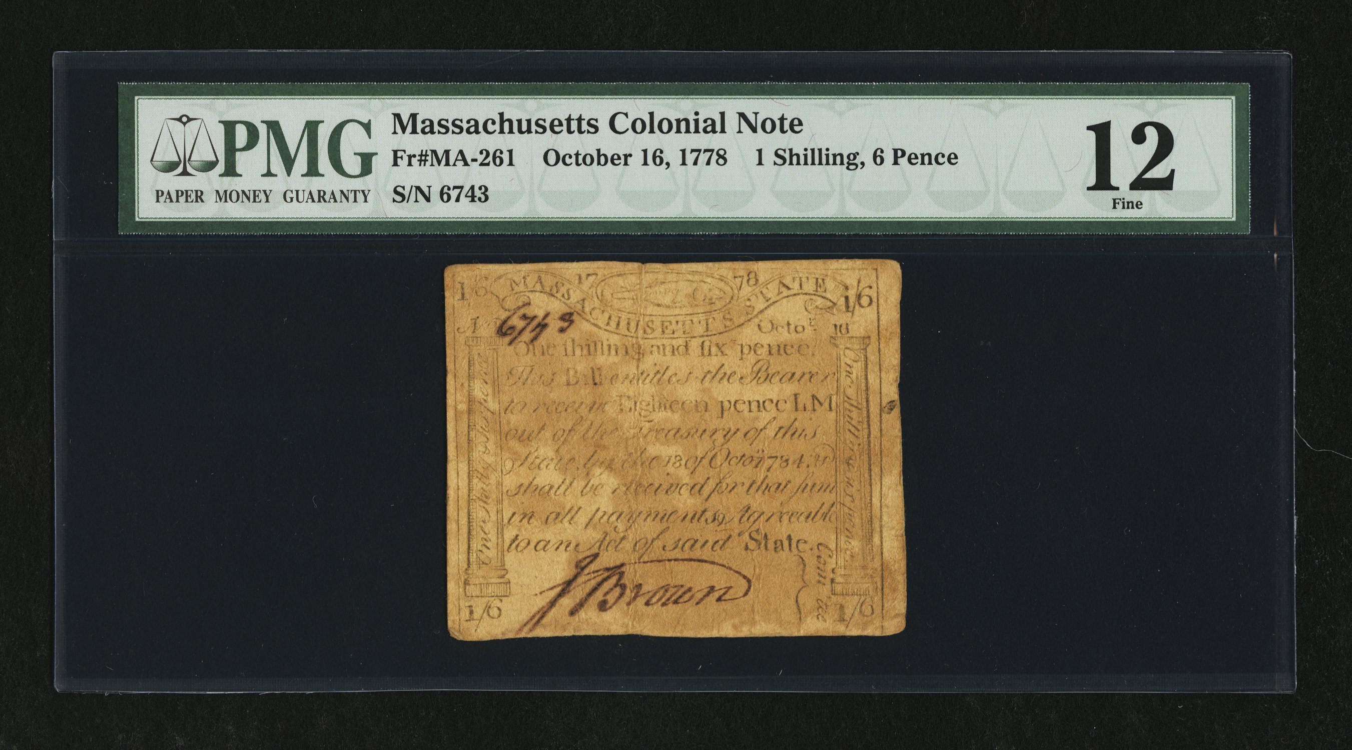 image for: Massachusetts October 16, 1778 1s 6d PMG Fine 12....