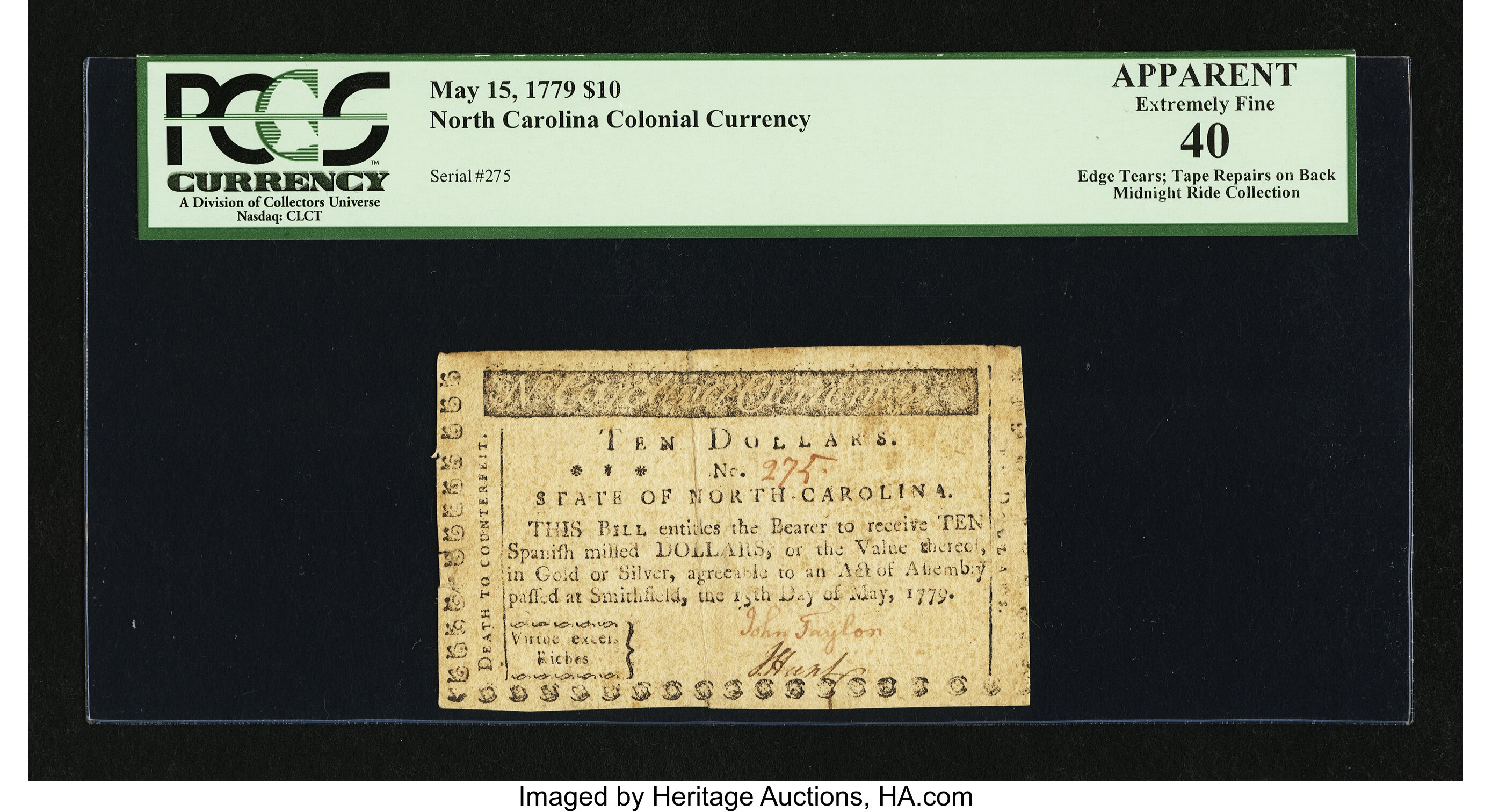 image for: North Carolina May 15, 1779 $10 PCGS Apparent Extremely Fine 40....