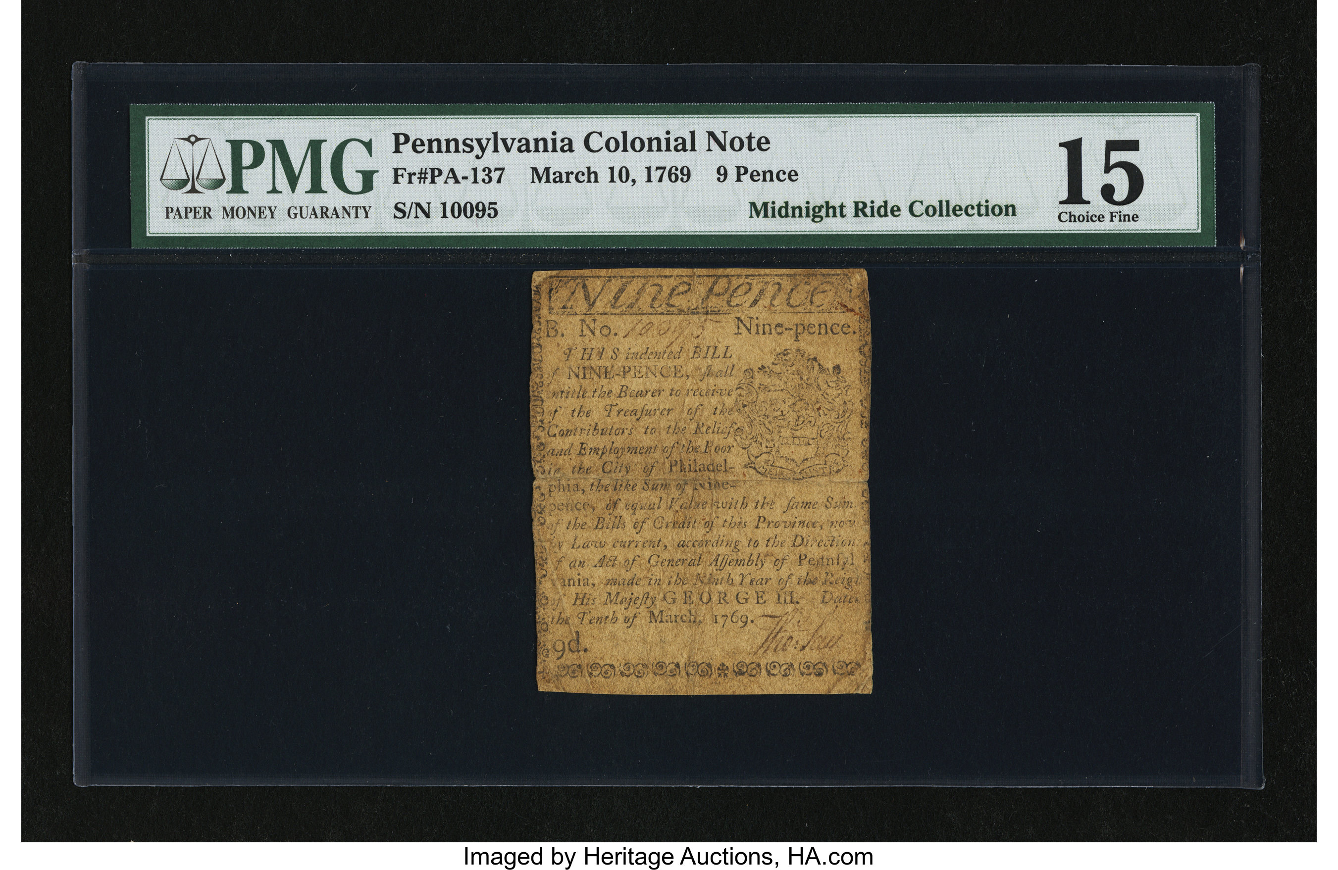 image for: Pennsylvania March 10, 1769 9d PMG Choice Fine 15....