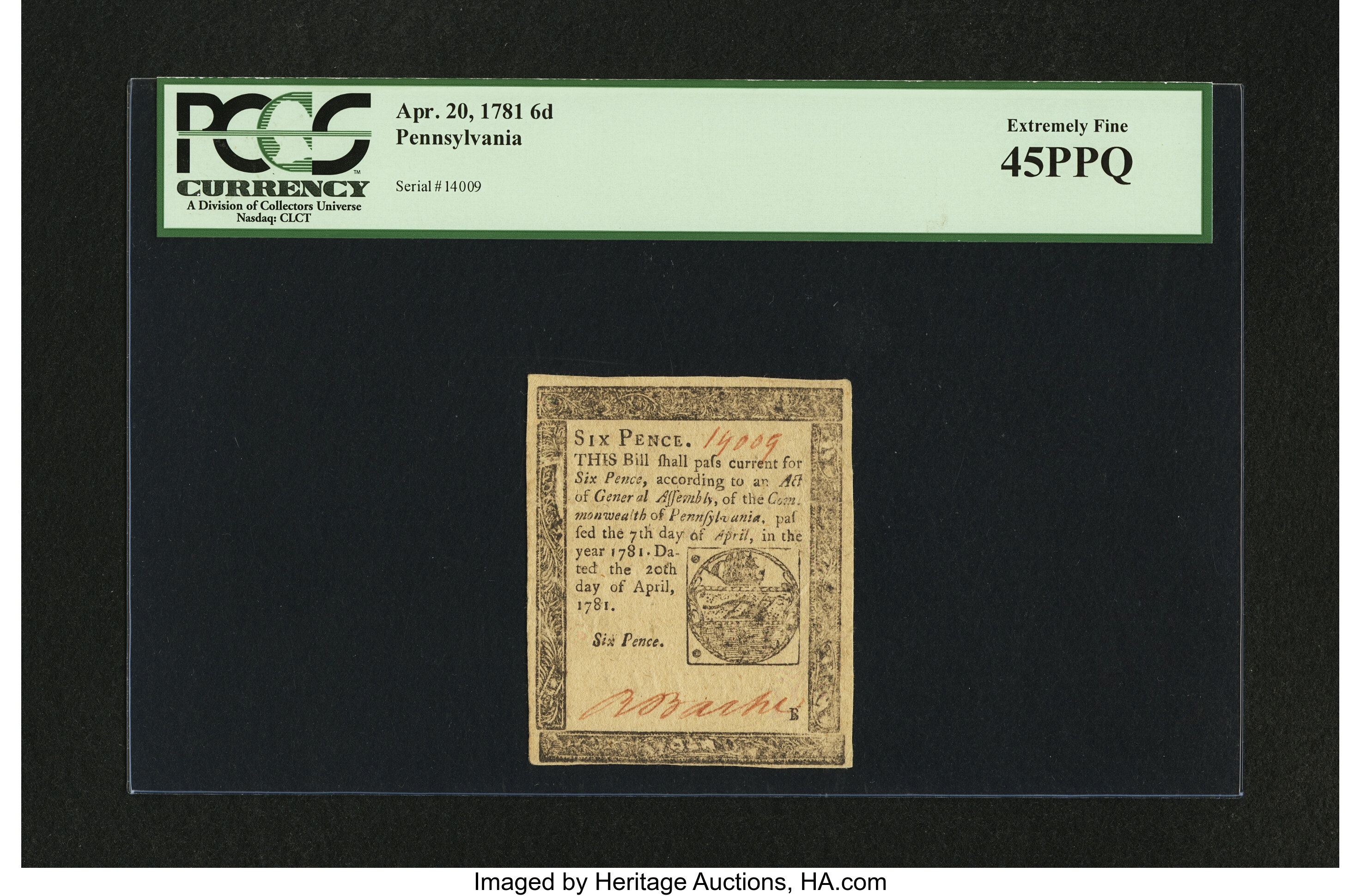 image for: Pennsylvania April 20, 1781 6d PCGS Extremely Fine 45PPQ....