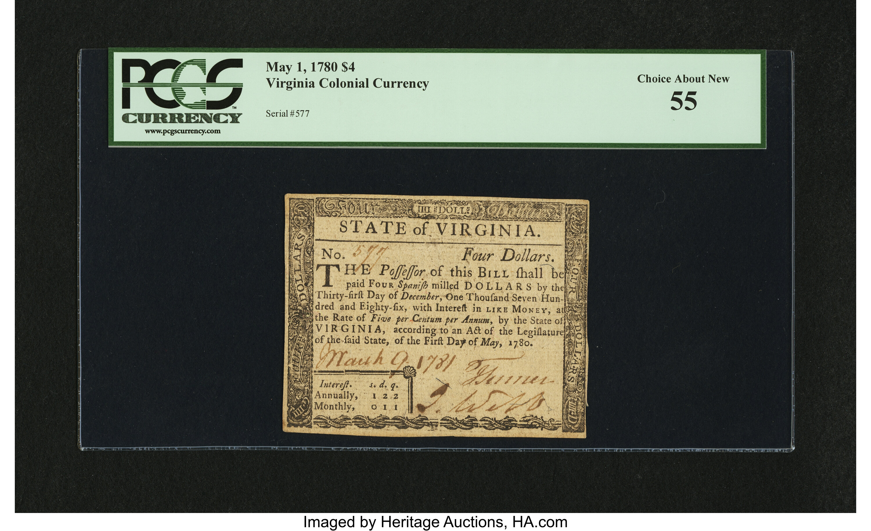 image for: Virginia May 1, 1780 $4 PCGS Choice About New 55....