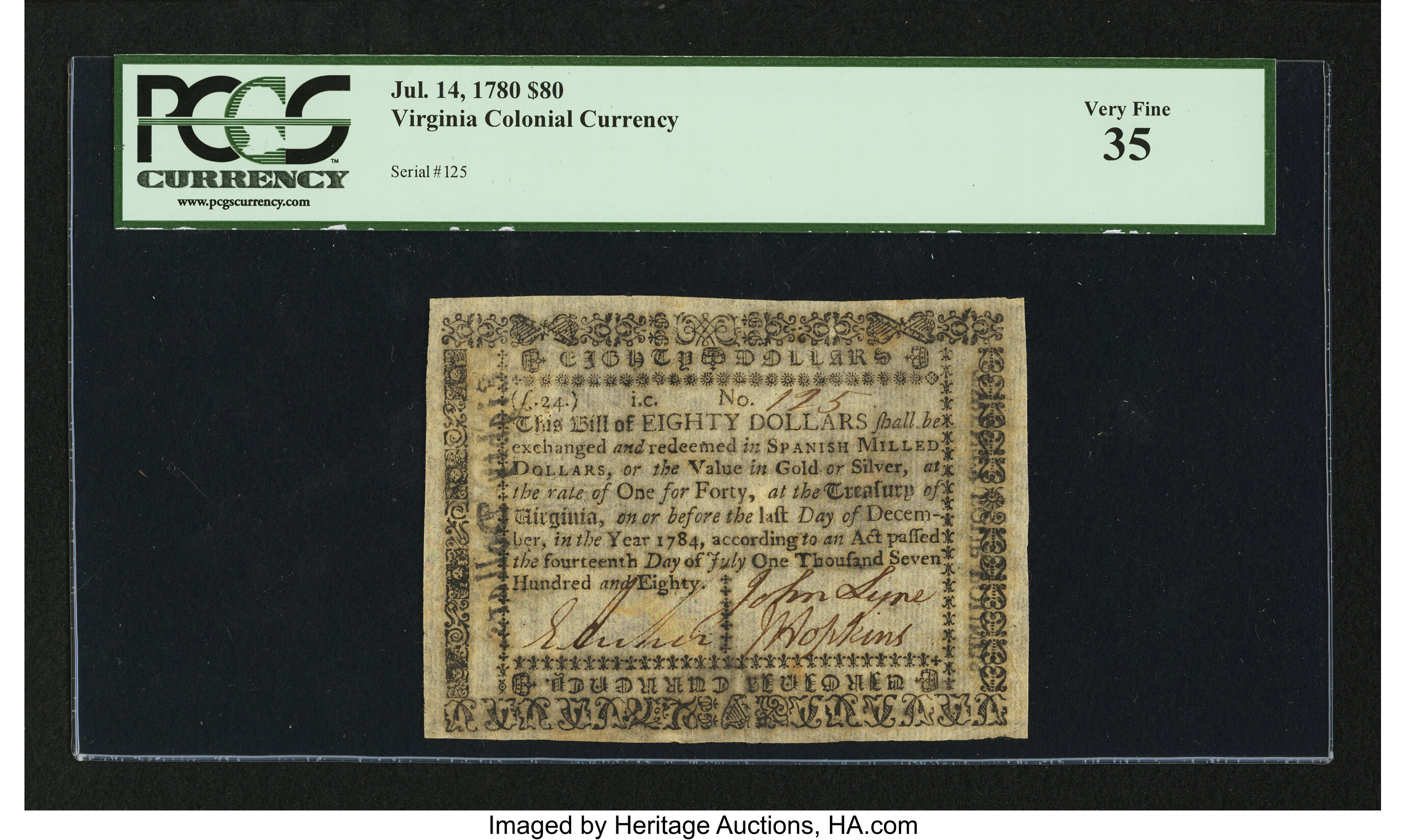 image for: Virginia July 14, 1780 $80 PCGS Very Fine 35....