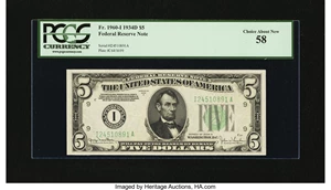 image for: Fr. 1960-I $5 1934D Federal Reserve Note. PCGS Choice About New 58....