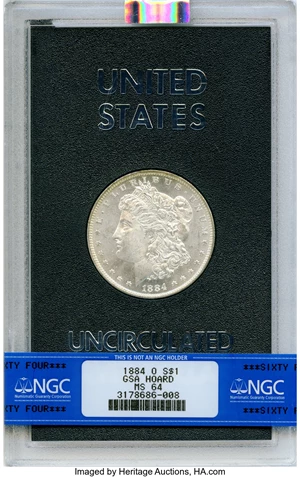 image for: 1884-O $1 GSA MS64 NGC. Includes Original Box and COA. NGC Census: (159/34). PCGS Population: (3/3). MS64. Mintage 9,730,00...