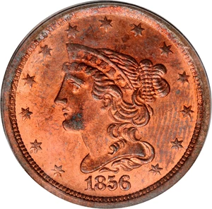 image for: 1856 Braided Hair Half Cent. C-1, B-2a. Rarity-1. Manley Die State 2.0. MS-64 RD (PCGS). OGH.