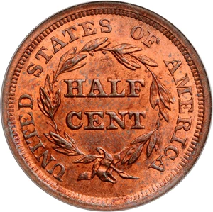 image for: 1856 Braided Hair Half Cent. C-1, B-2a. Rarity-1. Manley Die State 2.0. MS-64 RD (PCGS). OGH.