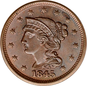 image for: 1845 Braided Hair Cent. N-5. Rarity-1. Grellman Die State B. MS-65 BN (PCGS).