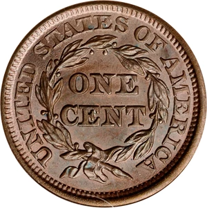 image for: 1845 Braided Hair Cent. N-5. Rarity-1. Grellman Die State B. MS-65 BN (PCGS).