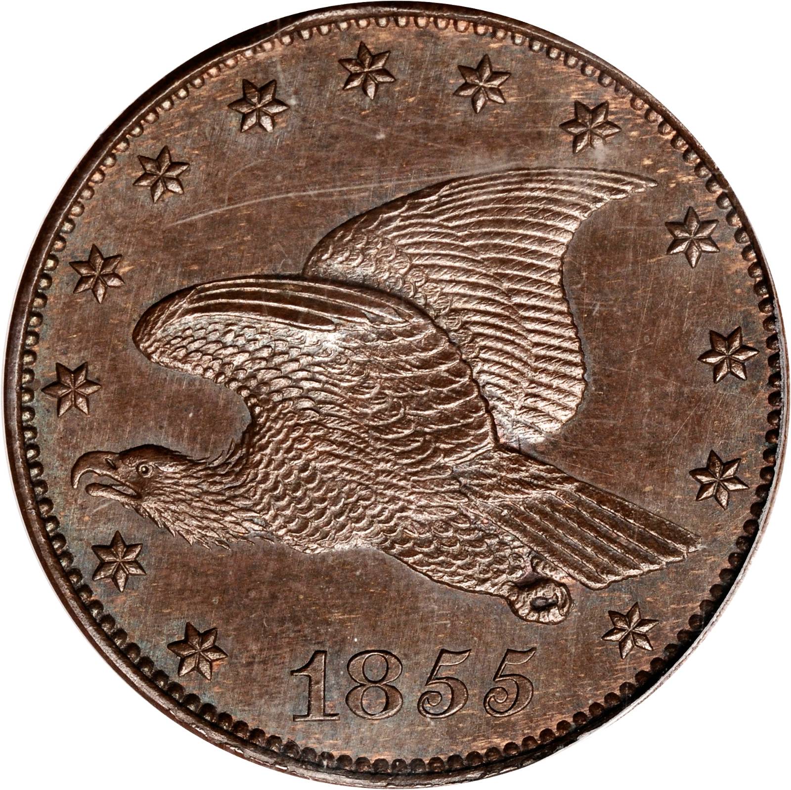 image for: 1855 Pattern Flying Eagle Cent. Judd-173, Pollock-198. Rarity-7-. Proof-64 BN (PCGS). Eagle Eye Photo Seal.