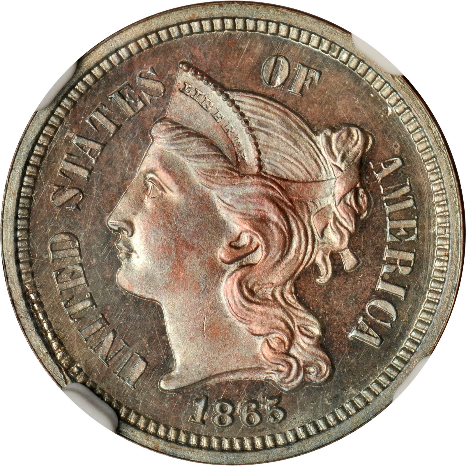 image for: 1865 Pattern Three-Cent Piece. Judd-413, Pollock-484. Rarity-5. Proof-65 BN (NGC).
