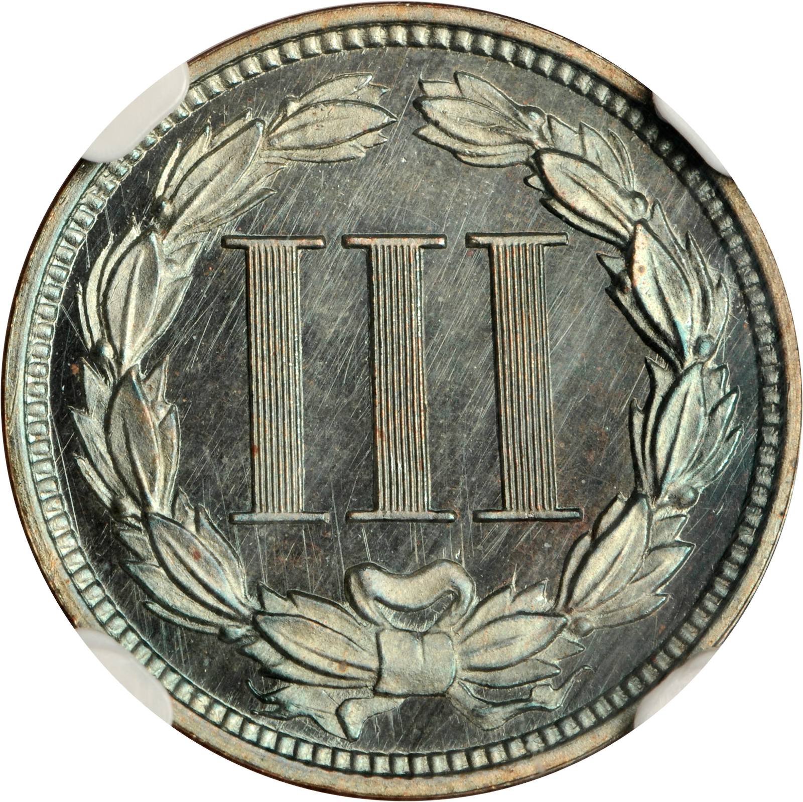 image for: 1865 Pattern Three-Cent Piece. Judd-413, Pollock-484. Rarity-5. Proof-65 BN (NGC).