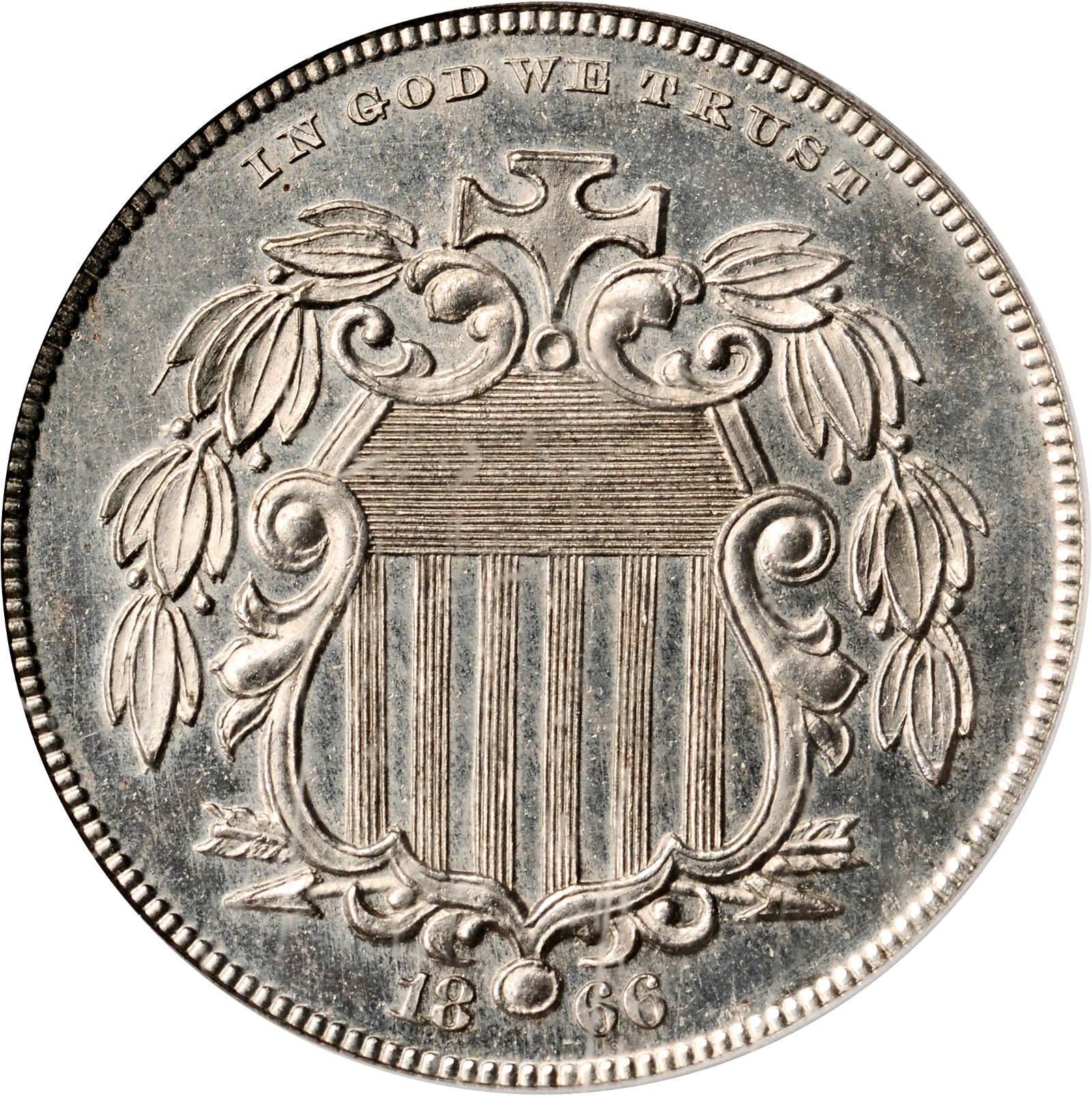 image for: 1866 Pattern Shield Nickel. Judd-497, Pollock-583. Rarity-7+. Proof-64 (PCGS). OGH.