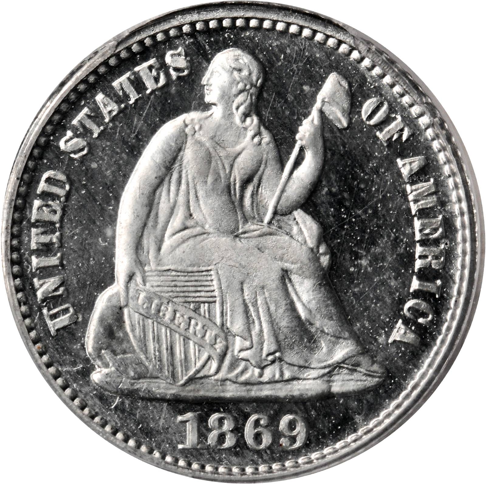 image for: 1869 Pattern Seated Liberty Half Dime. Judd-693, Pollock-772. Rarity-7+. Proof-66 (PCGS). OGH.
