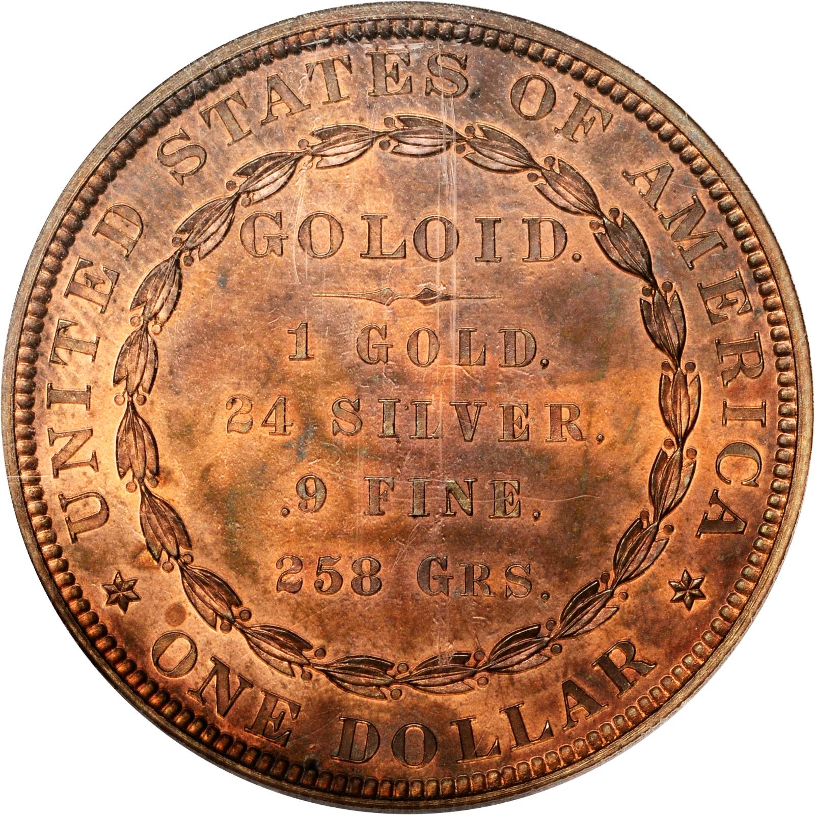 image for: 1878 Pattern Goloid Dollar. Judd-1562, Pollock-1753. Rarity-6+. Proof-66 RB (PCGS).