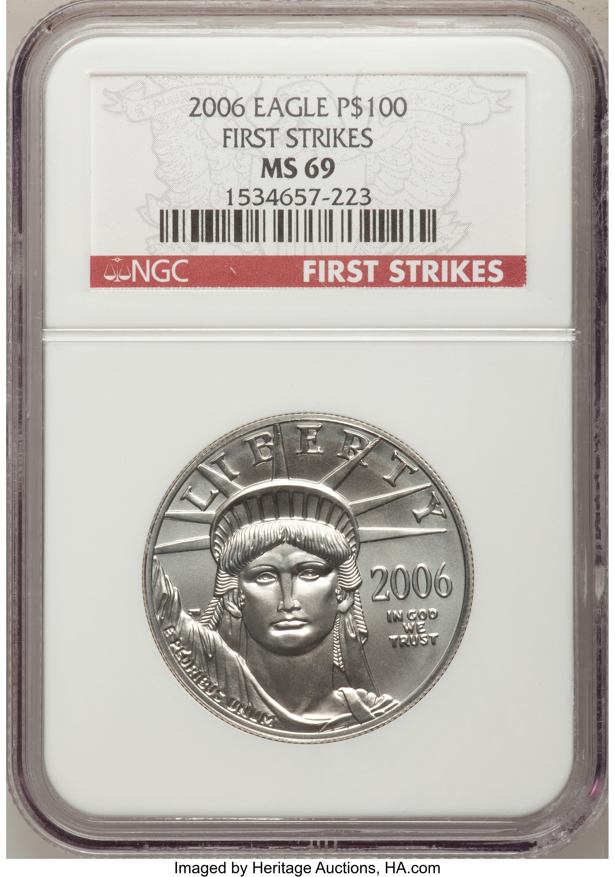 image for: 2006 $100 One-Ounce Platinum MS69 NGC. First Strikes. NGC Census: (0/0). PCGS Population (484/27).  Numismedia Wsl. Price f...
