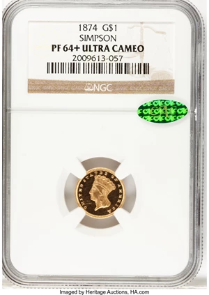 image for: 1874 G$1 PR64+ Ultra Cameo NGC. CAC....
