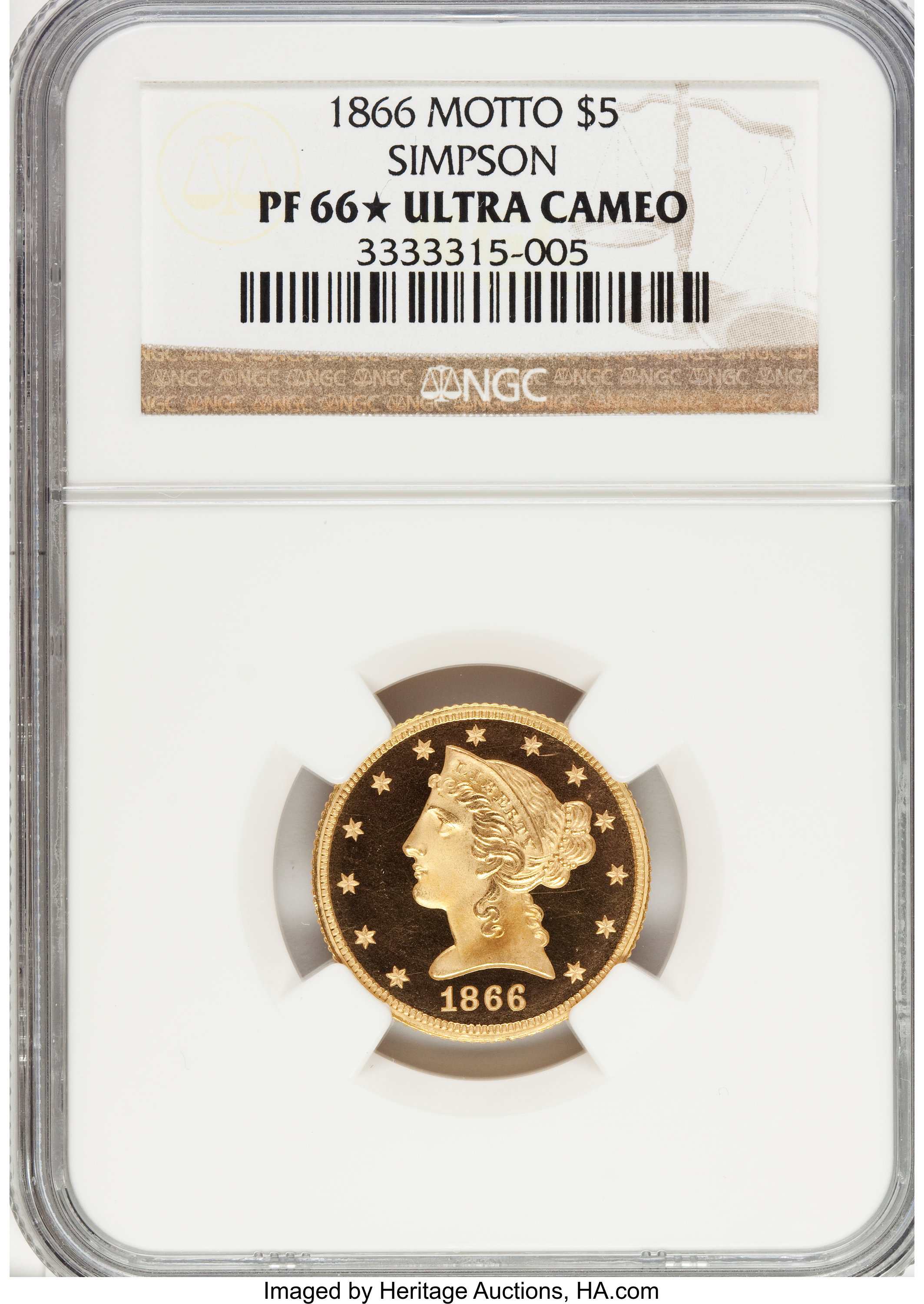 image for: 1866 $5 PR66  ★  Ultra Cameo NGC....