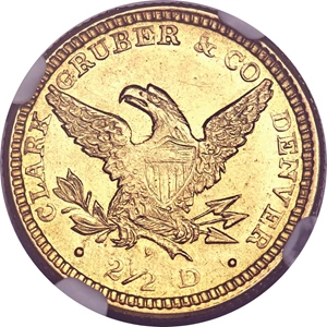image for: 1861 $2 1/2 Clark, Gruber & Co. Quarter Eagle MS63 NGC. K-5, R.4....