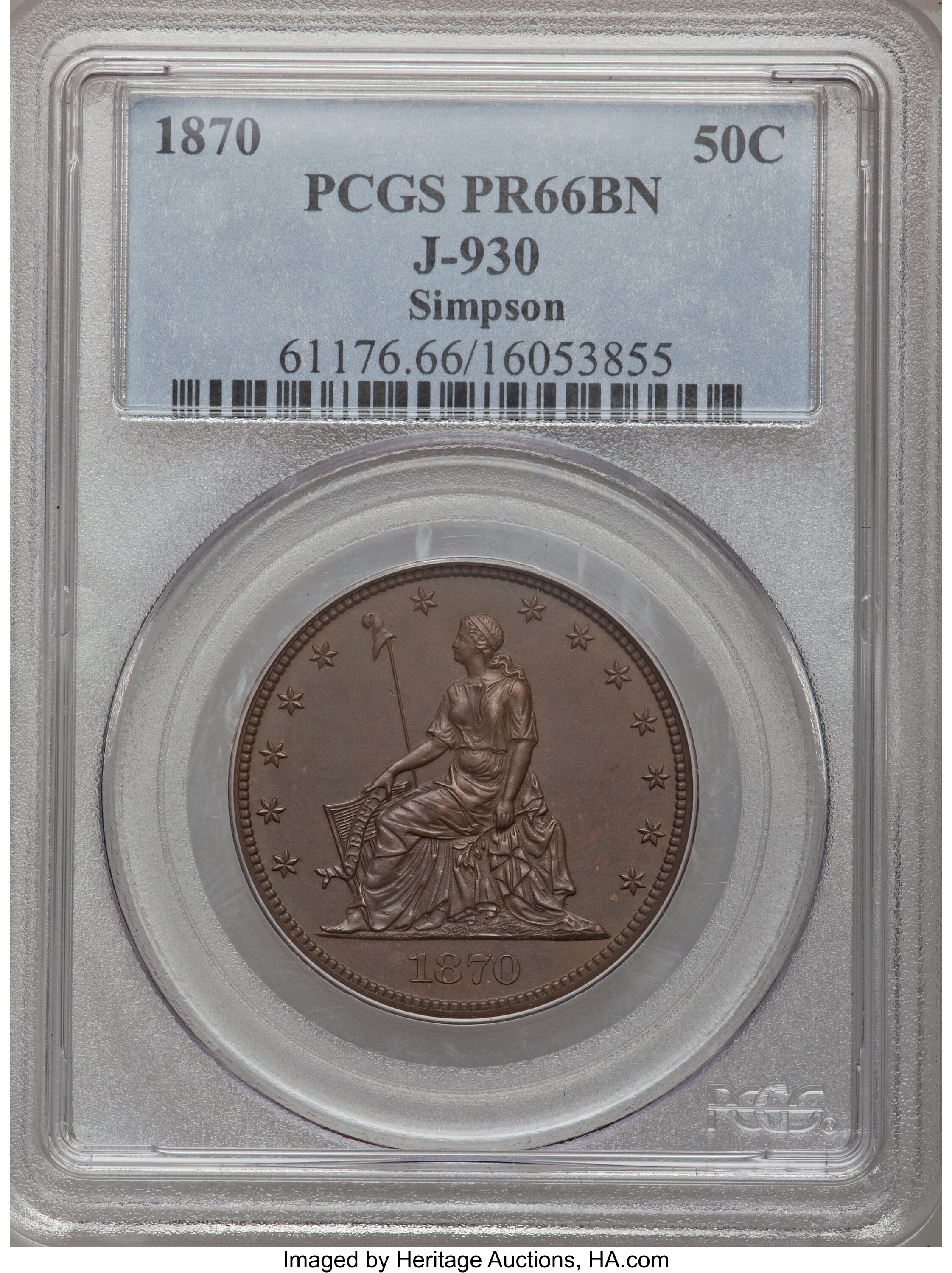 image for: 1870 50C Standard Silver Half Dollar, Judd-930, Pollock-1035, High R.7, PR66 Brown PCGS....