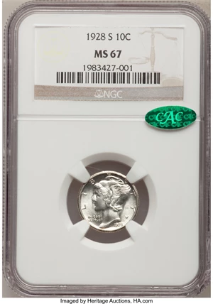image for: 1928-S 10C MS67 NGC. CAC....