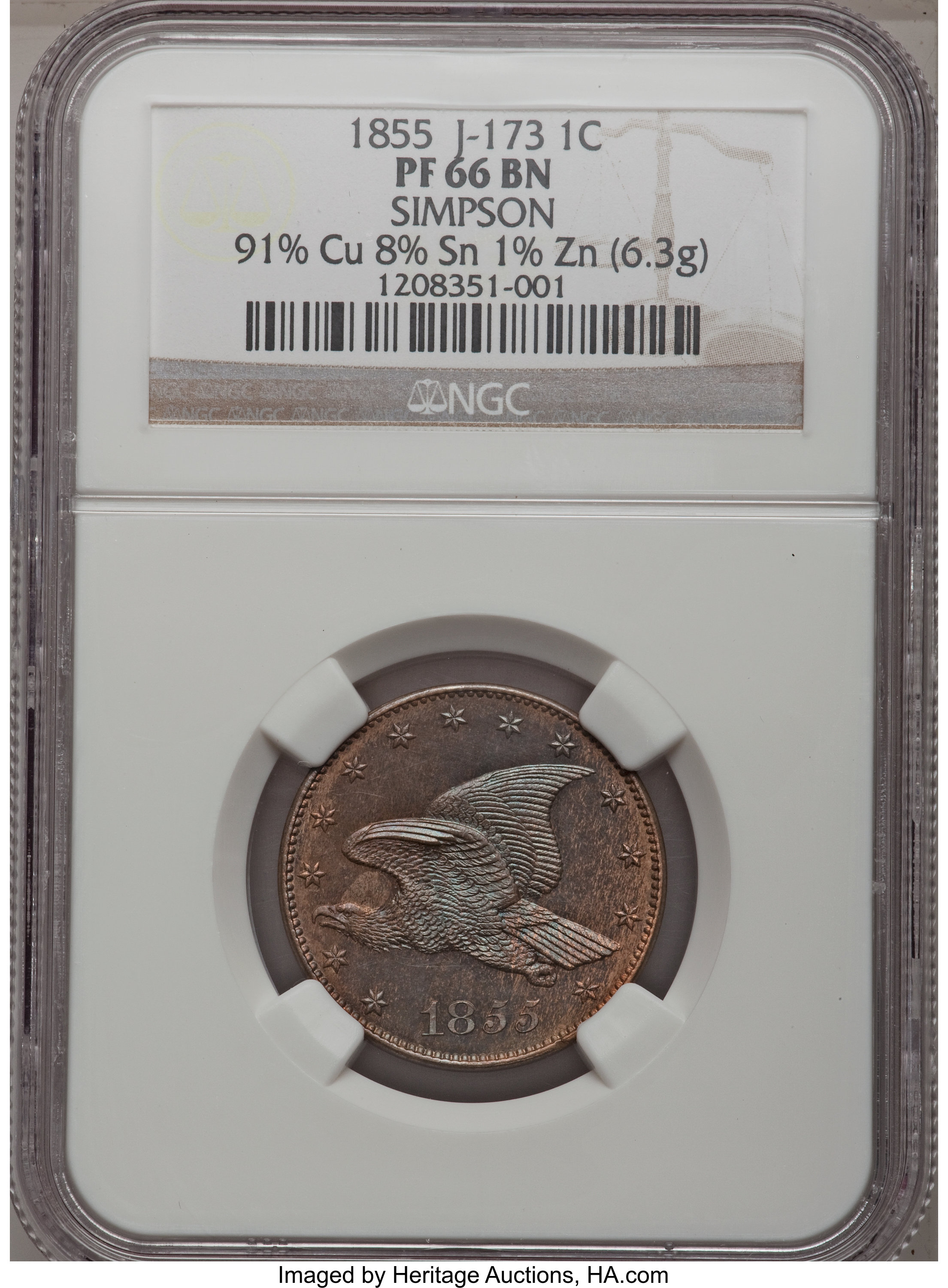 image for: 1855 P1C Flying Eagle Cent, Judd-173, Pollock-198, Low R.7, PR66 Brown NGC....