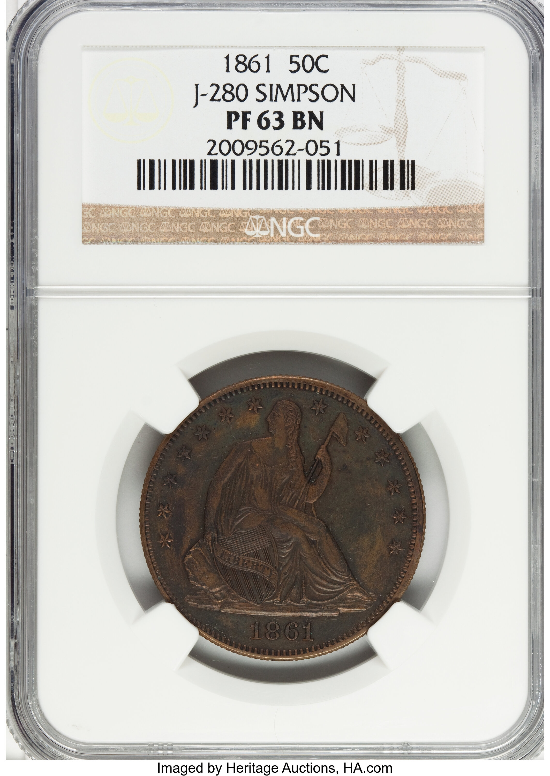image for: 1861 P50C Half Dollar, Judd-280, Pollock-331, Low R.7, PR63 Brown NGC....