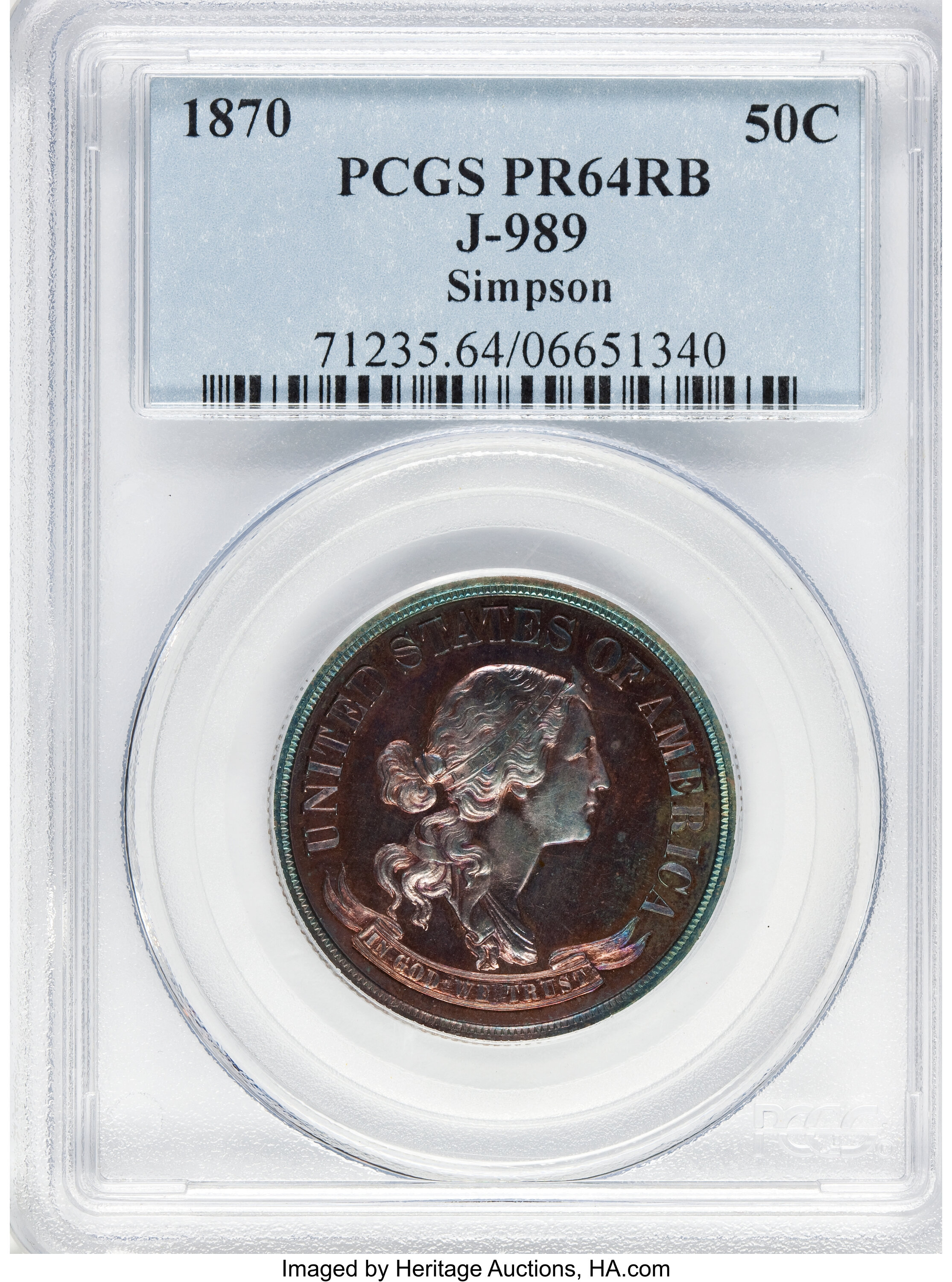 image for: 1870 50C Standard Silver Half Dollar, Judd-989, Pollock-1118, R.7, PR64 Red and Brown PCGS....