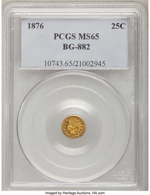 image for: 1876 25C Indian Round 25 Cents, BG-882, R.7, MS65 PCGS....