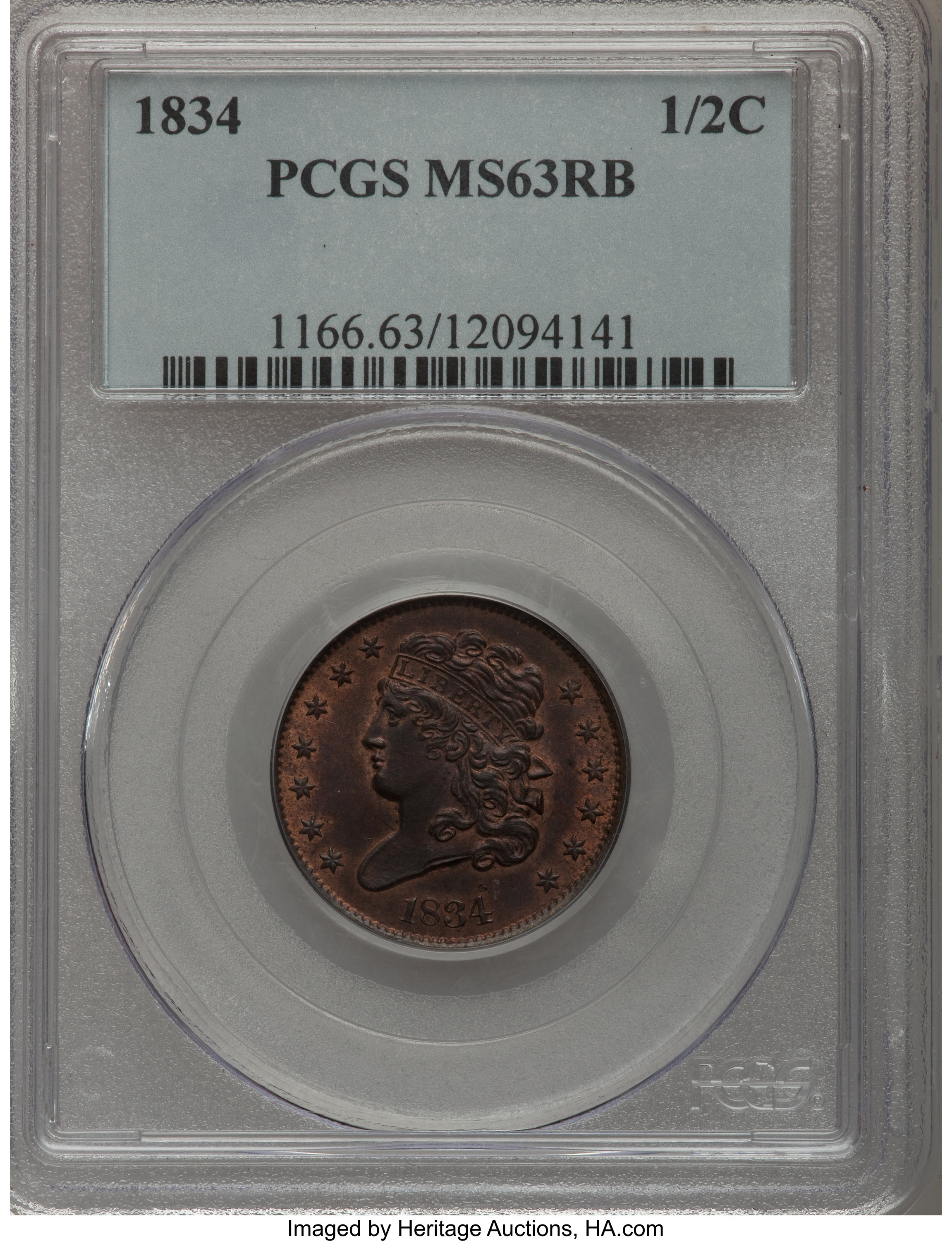 1834 1/2 C MS63 Red and Brown PCGS. PCGS Population (16/25). NGC Census: (5/23). Mintage: 141,000. Numismedia Wsl. Price fo...