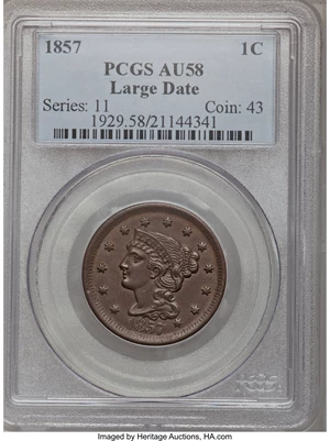 image for: 1857 1C Large Date AU58 PCGS. PCGS Population (0/56). NGC Census: (0/58). Mintage: 333,456. (#1929)...