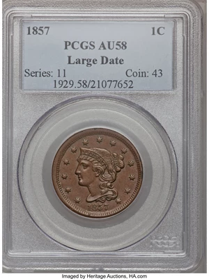 image for: 1857 1C Large Date AU58 PCGS. PCGS Population (0/56). NGC Census: (0/58). Mintage: 333,456. (#1929)...