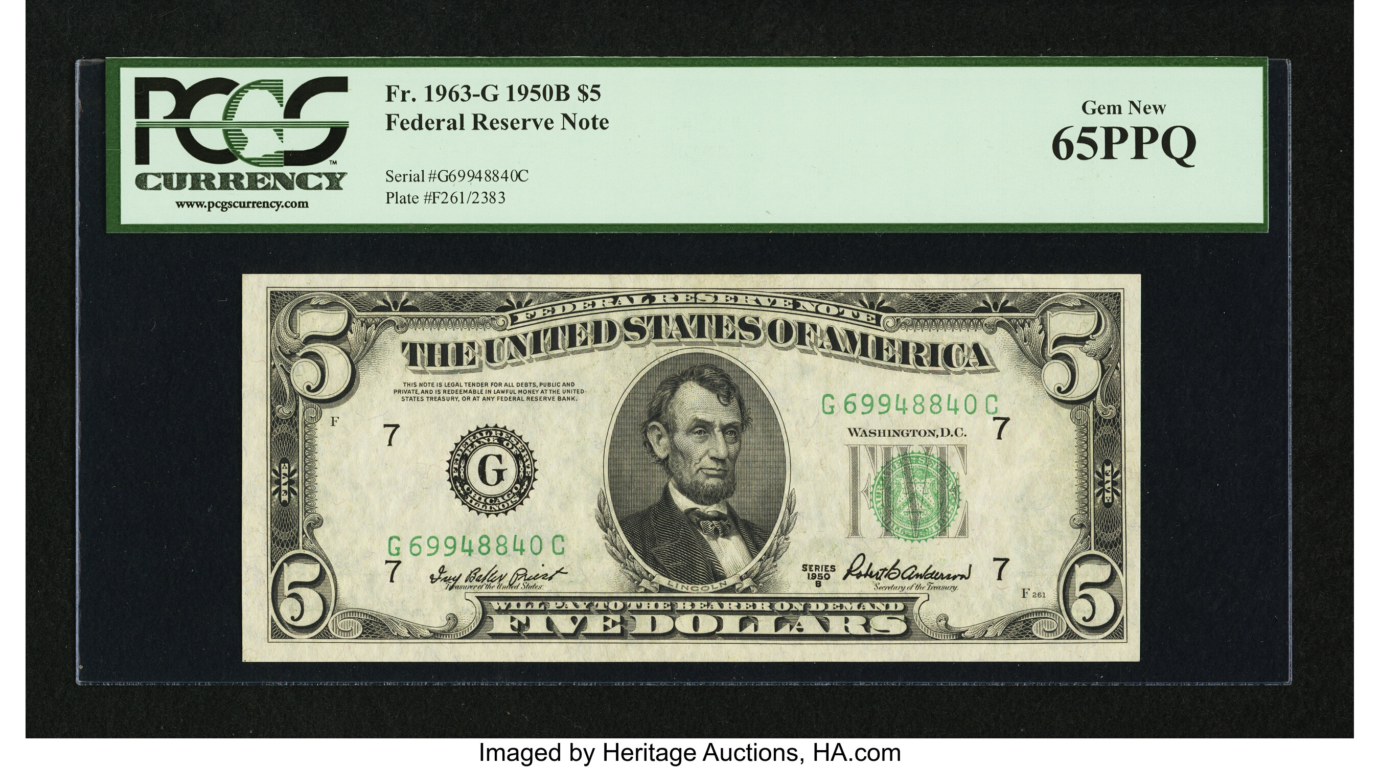 image for: Fr. 1963-G $5 1950B Federal Reserve Note. PCGS Gem New 65PPQ....