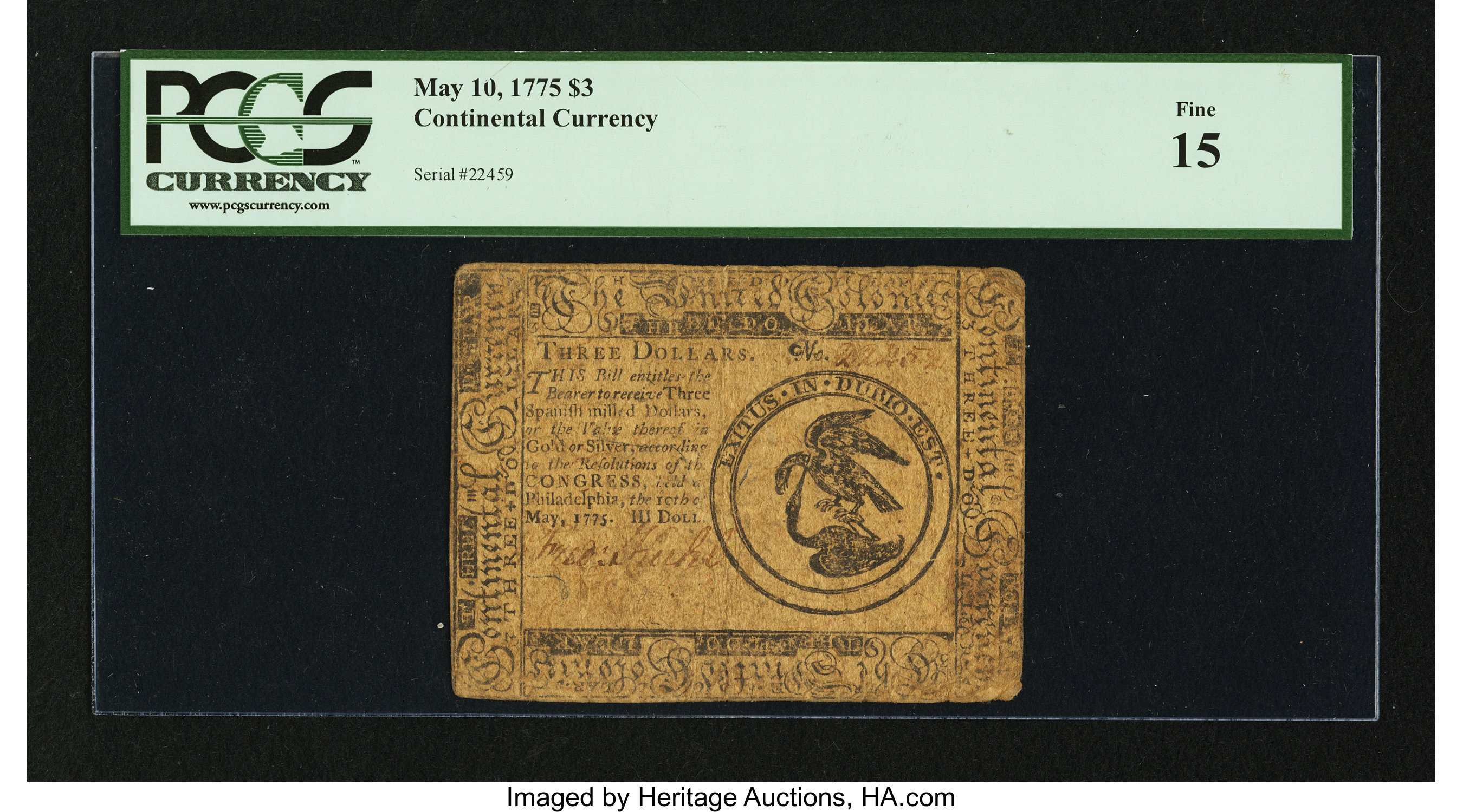 image for: Continental Currency May 10, 1775 $3 PCGS Fine 15....