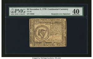 image for: Benjamin Levy Signed Continental Currency November 2, 1776 $8 PMG Extremely Fine 40....