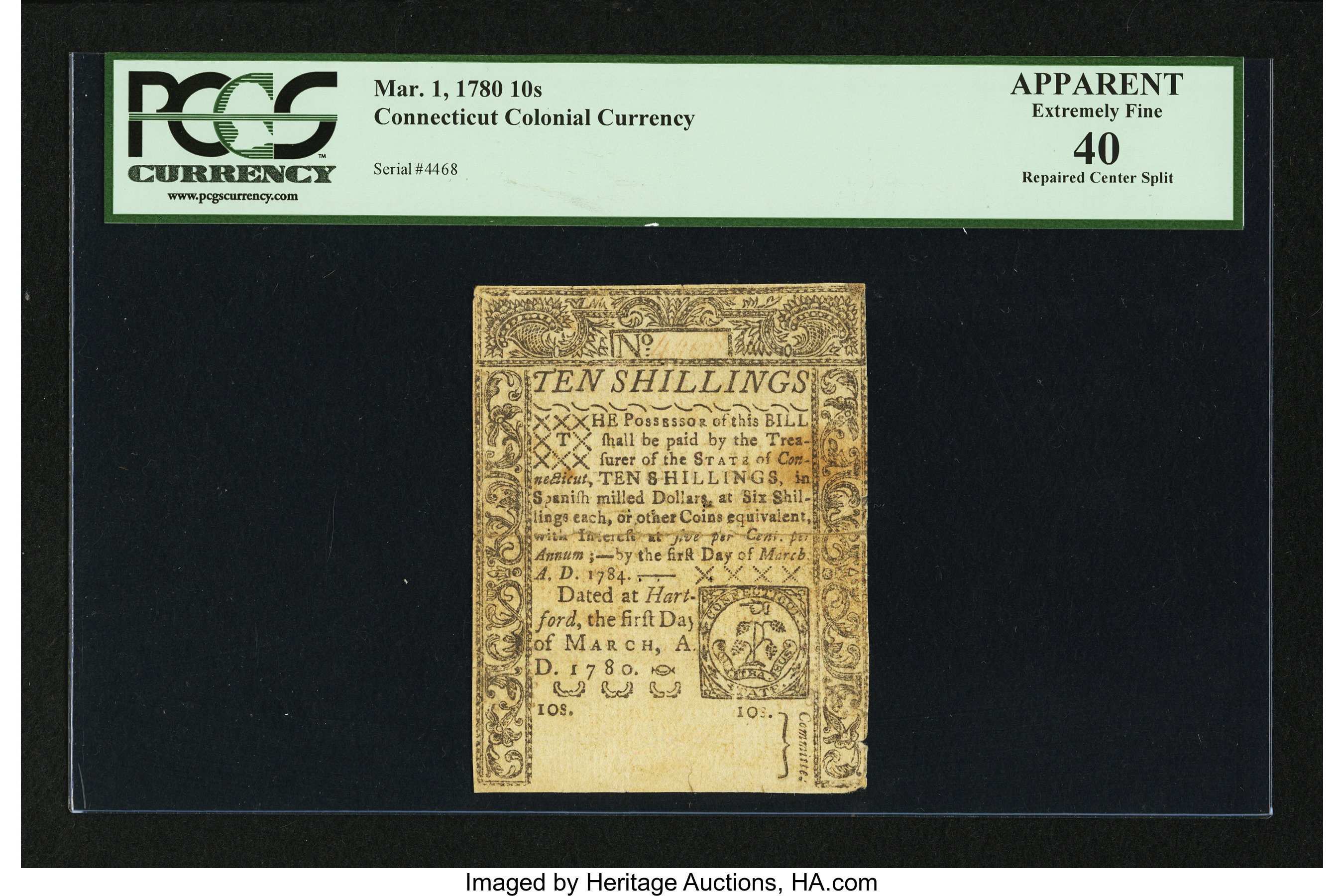 image for: Connecticut March 1, 1780 10s Uncancelled PCGS Apparent Extremely Fine 40....