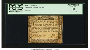 image for: Maryland December 7, 1775 $1/2 PCGS Apparent Very Fine 30....