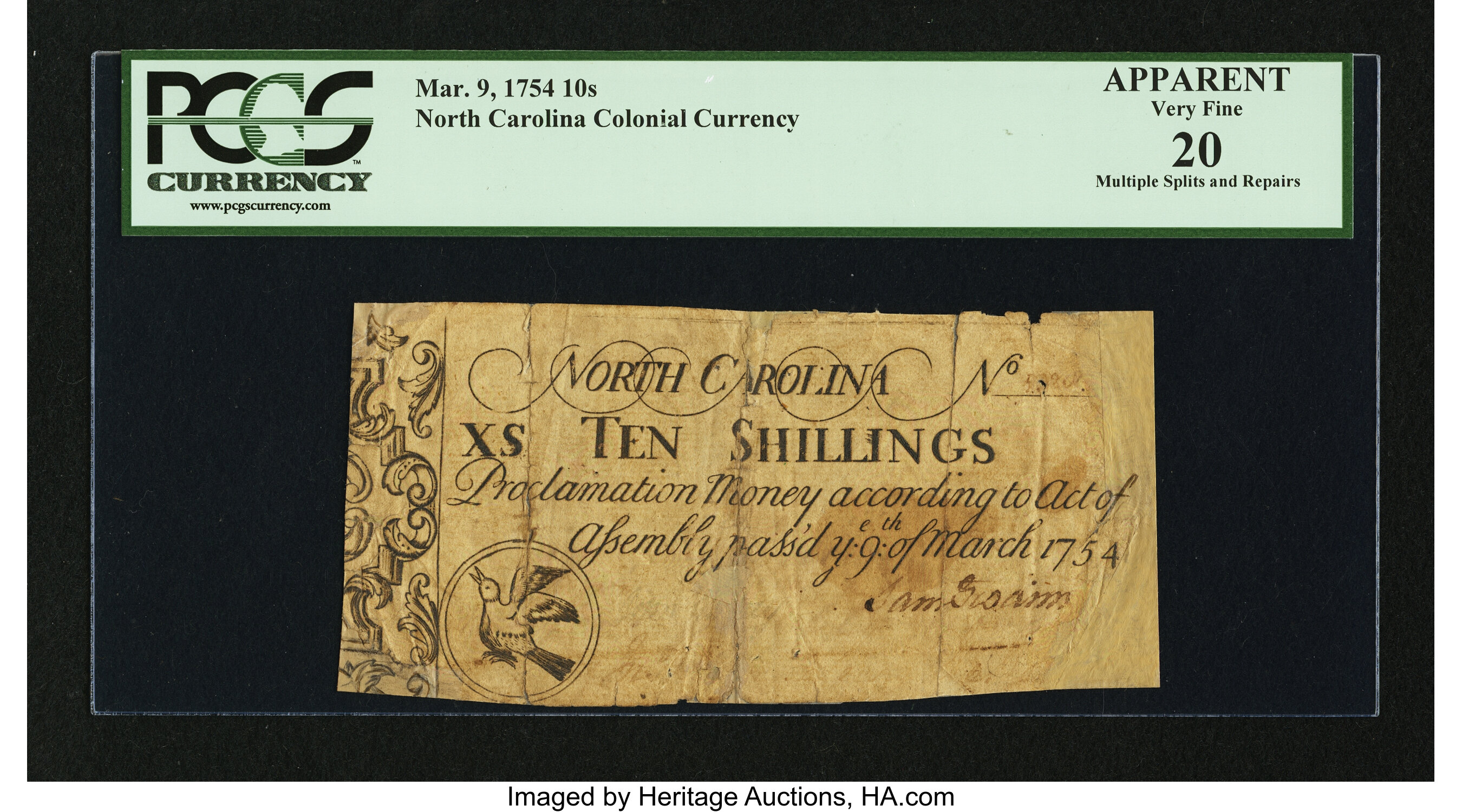 image for: North Carolina March 9, 1754 10s PCGS Apparent Very Fine 20....