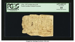 image for: North Carolina 1756 - 1757 (written dates) £5 PCGS Apparent Very Good 10....