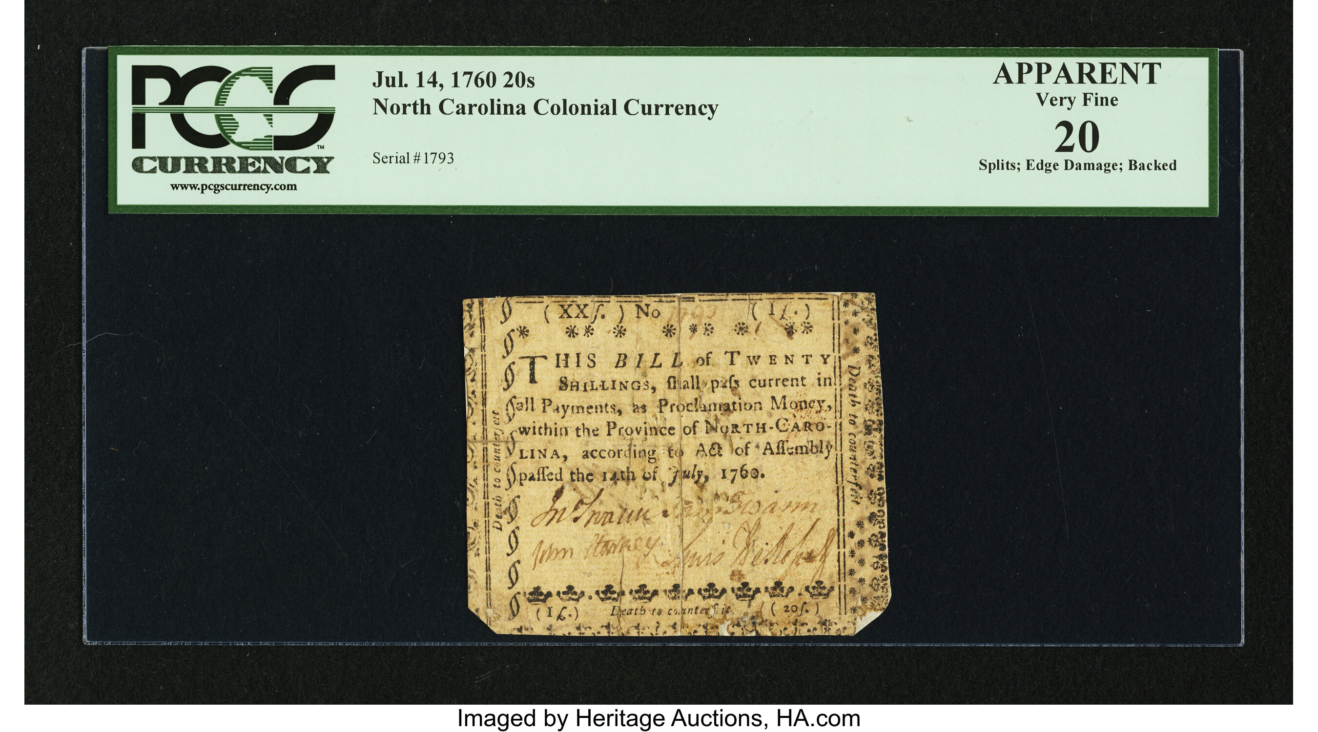 image for: North Carolina July 14, 1760 20s PCGS Apparent Very Fine 20....