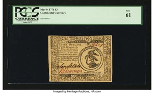 image for: Continental Currency May 9, 1776 $3 PCGS New 61....
