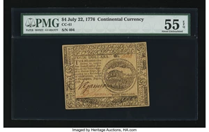 image for: Continental Currency July 22, 1776 $4 PMG About Uncirculated 55 EPQ....