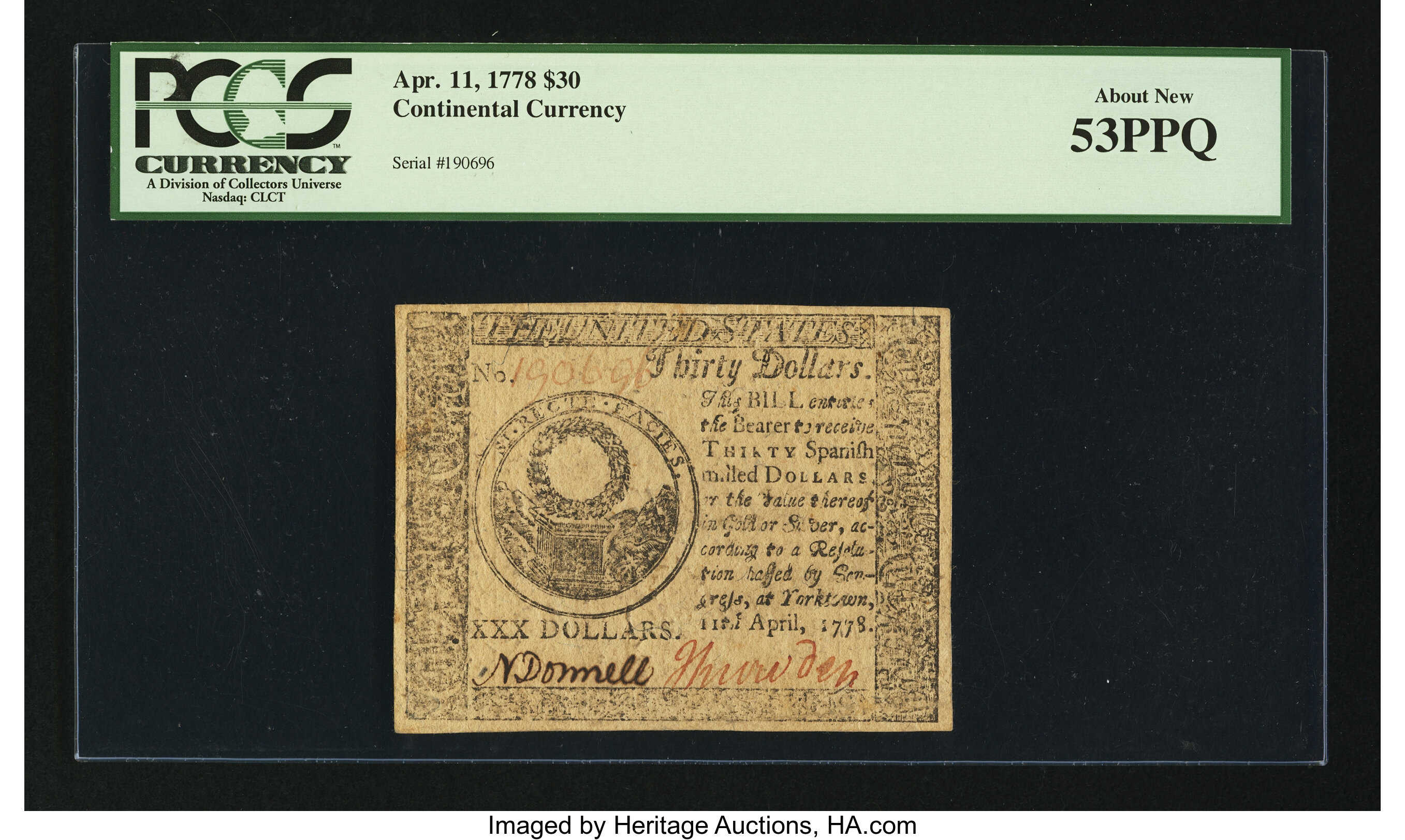 image for: Continental Currency April 11, 1778 $30 PCGS About New 53PPQ....