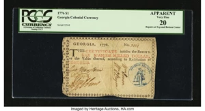 image for: Georgia 1776 $1 PCGS Apparent Very Fine 20....