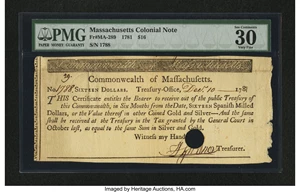 image for: Massachusetts 1781 $16 PMG Very Fine 30, HOC....