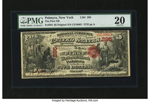 image for: Palmyra, NY - $5 Original Fr. 394 The First NB Ch. # 295...