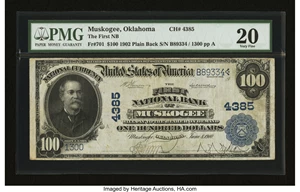 image for: Muskogee, OK - $100 1902 Plain Back Fr. 701 The First NB Ch. # 4385...