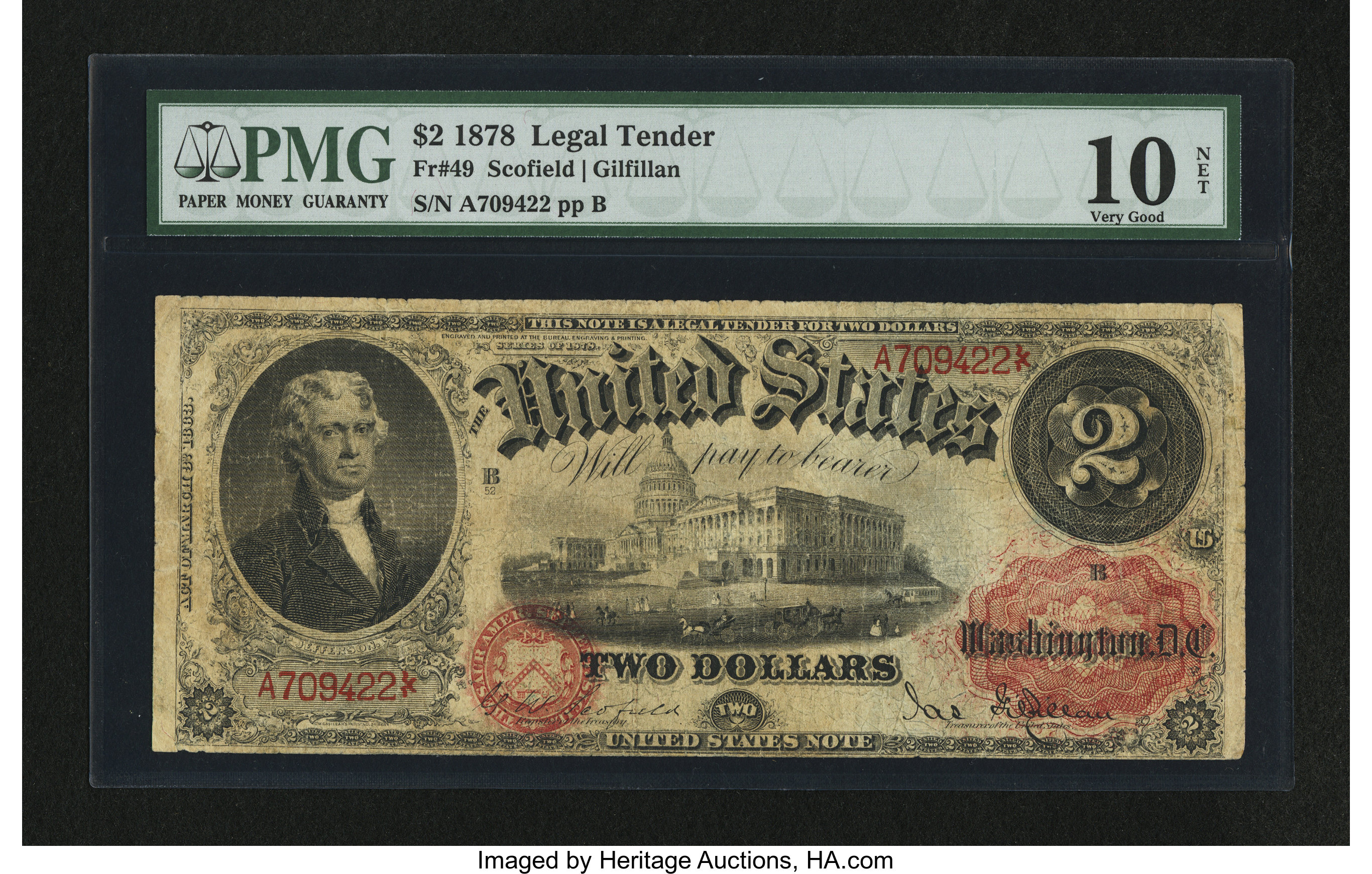 image for: Fr. 49 $2 1878 Legal Tender PMG Very Good 10 Net....